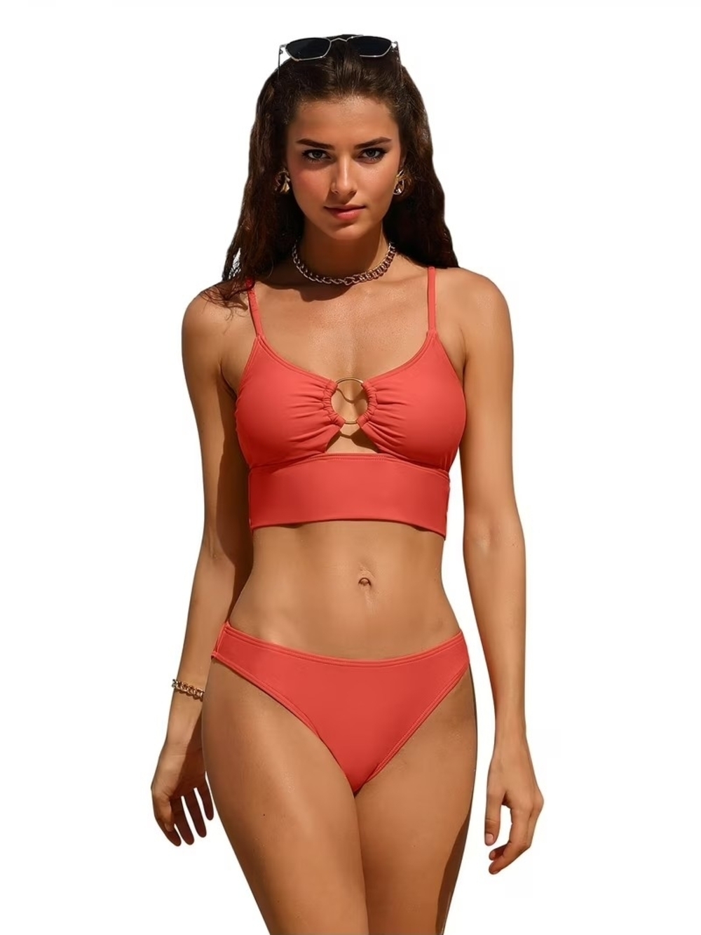 Charmo Women Coral Bikini Cutout O-Ring Swimsuit High Cut 2 Piece Size L NWT